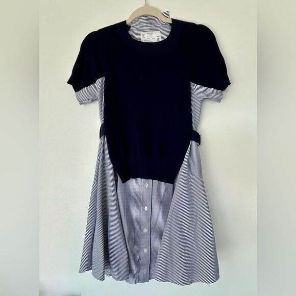 NWOT SACAI Hybrid Shirt Dress Navy Stripe 100% Cotton Knit Overlay Size 1/XS - Picture 7 of 14